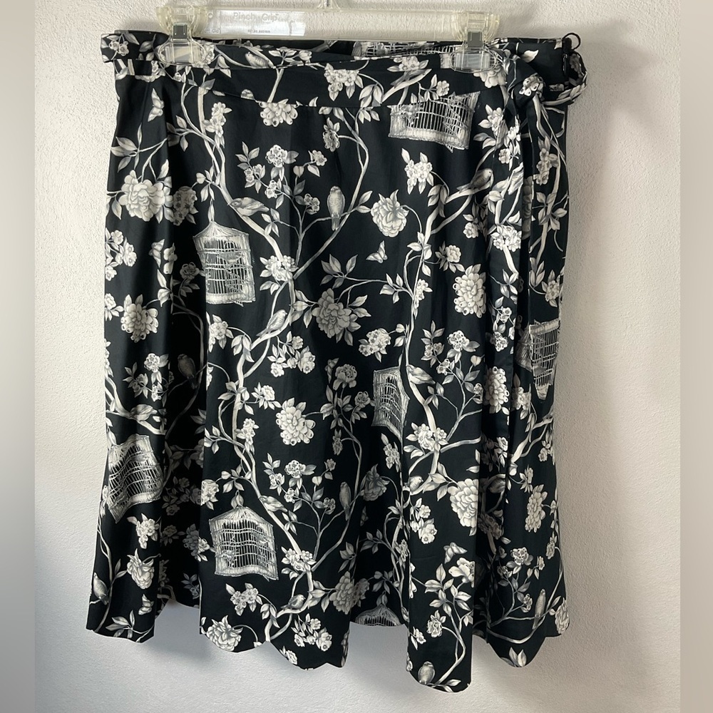Talbots Scalloped Hem Tie Front Birdcage Bird Black Skirt‎ Sz 10